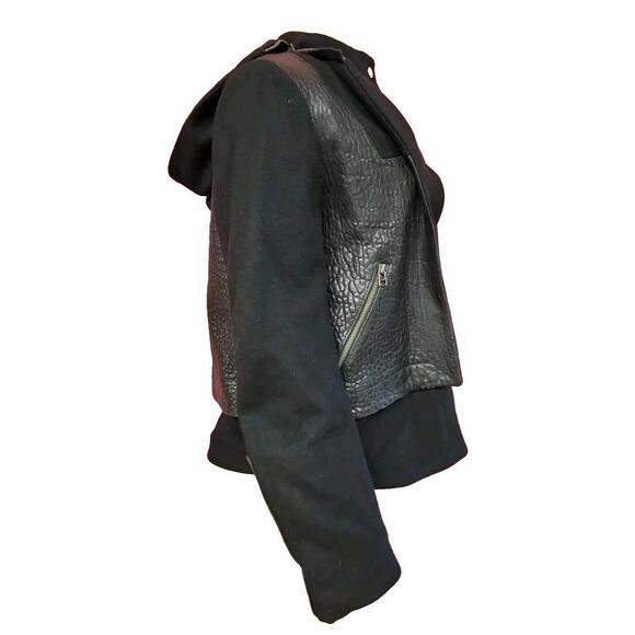 LAMB By Gwen Stefani RARE Black Leather Wool Sz 8 Hooded Womens Coat Jacket #CB2 - Picture 4 of 10